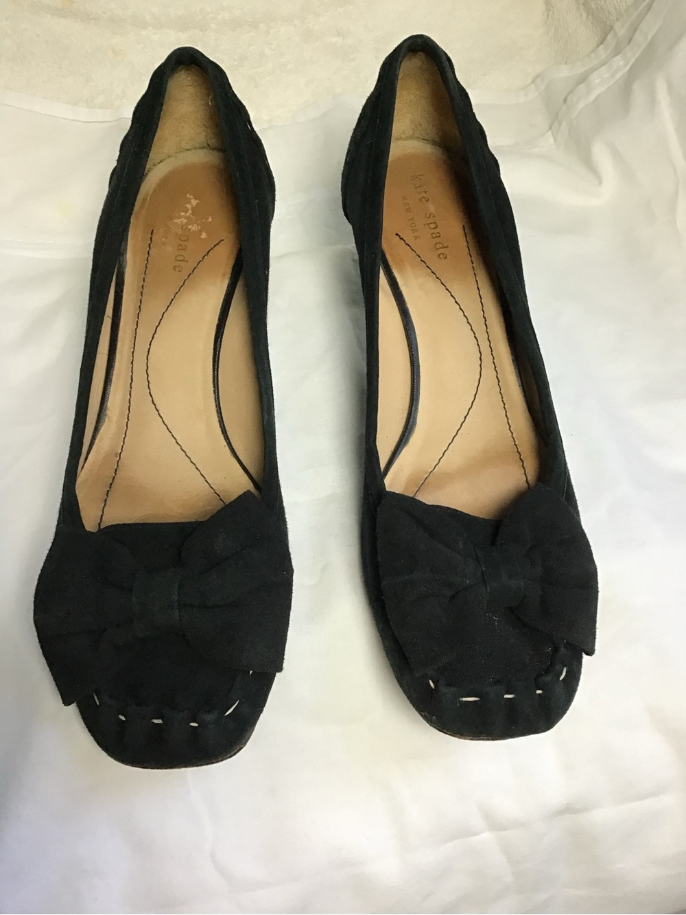 Kate Spade New York Laney Black Suede Bow Kitten Heel Pumps Square Toe 8.5M